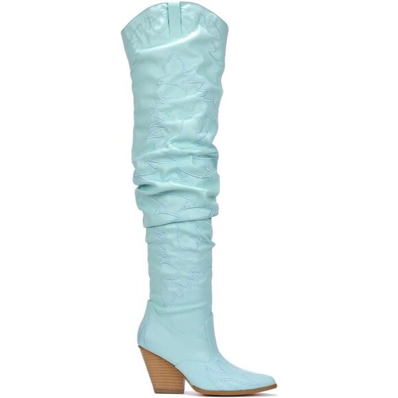 Women Mint Fabric Thigh High Over The Knee Pointed Toe Chunky Heels Fashion Boot - Picture 1 of 4